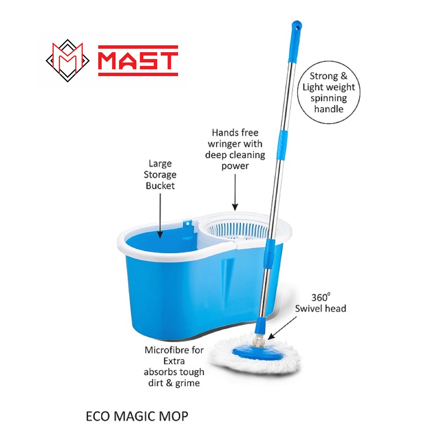 Mast Eco Magic Spin Mop with Stainless Steel Handle & 2 Microfiber Refills