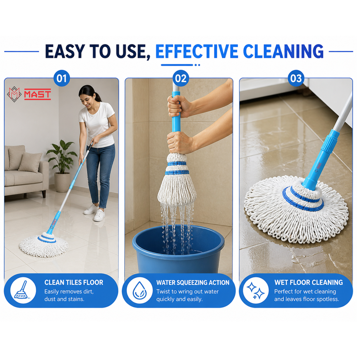 Mast Twisty Cotton Mop | Pack of 1 | Easy Twist Handle | Quick Dry Floor Cleaning Mop