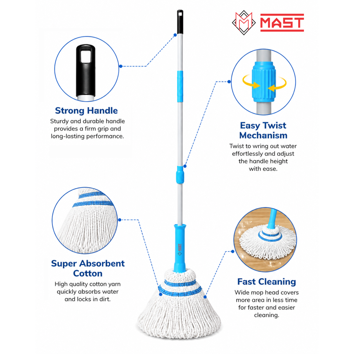 Mast Twisty Cotton Mop | Pack of 1 | Easy Twist Handle | Quick Dry Floor Cleaning Mop