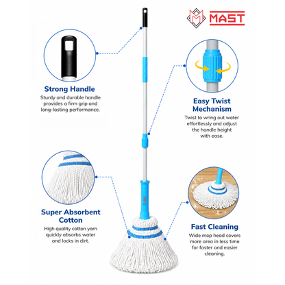 Mast Twisty Cotton Mop | Pack of 1 | Easy Twist Handle | Quick Dry Floor Cleaning Mop