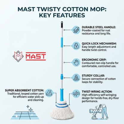 Mast Twisty Cotton Mop | Pack of 1 | Easy Twist Handle | Quick Dry Floor Cleaning Mop