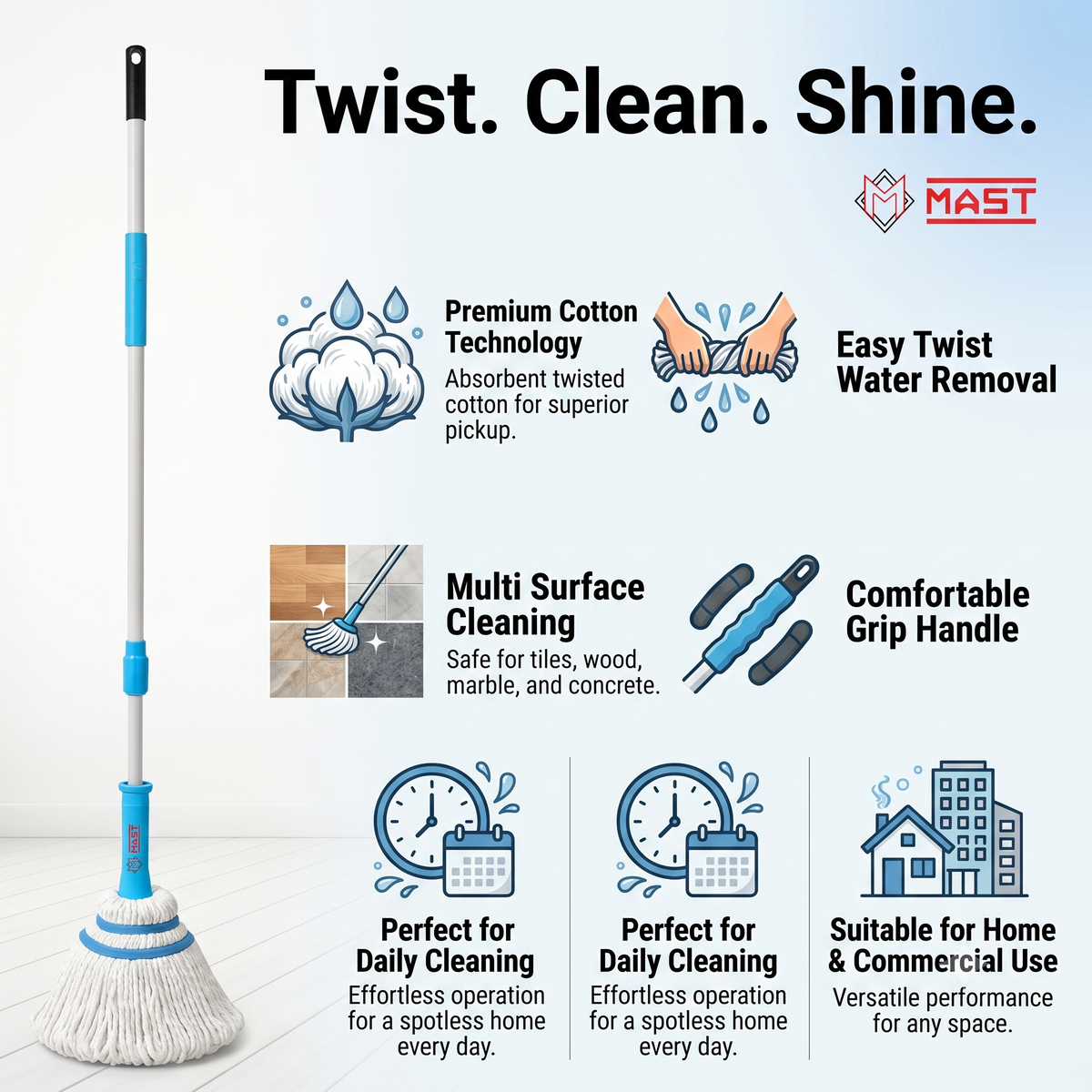 Mast Twisty Cotton Mop | Pack of 1 | Easy Twist Handle | Quick Dry Floor Cleaning Mop