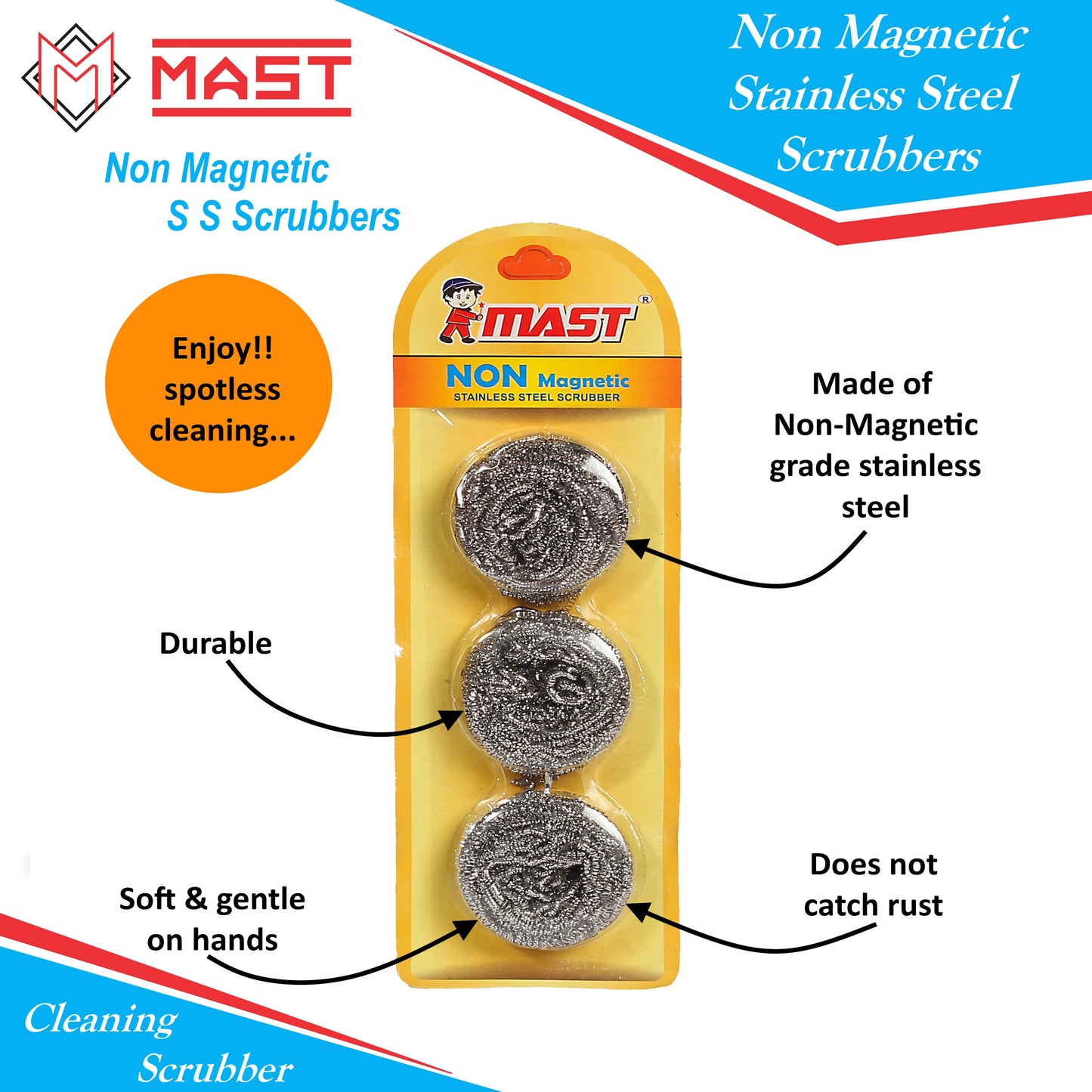 Non-Magnetic Stainless Steel Scrubber for Cleaning, Pots, Pans, Ovens, Bar-B-Queue Grills, Dishes