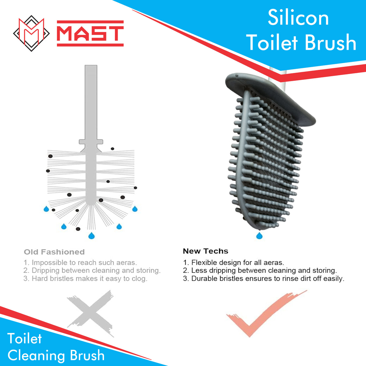 Mast Silicon Bristles Toilet Cleaning Brush| Blue | Pack of 2