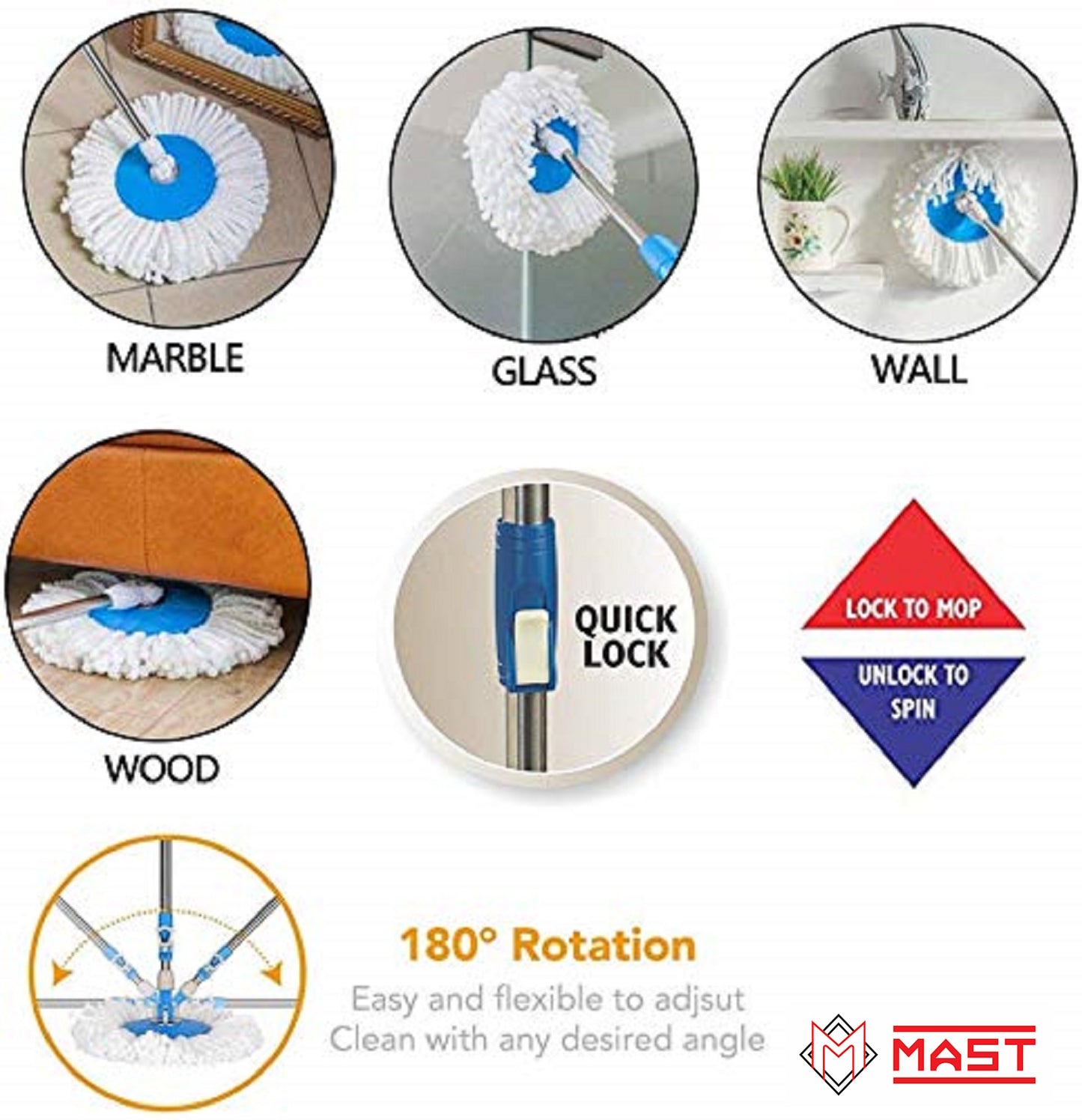 Mast Eco Magic Spin Mop with Stainless Steel Handle & 2 Microfiber Refills